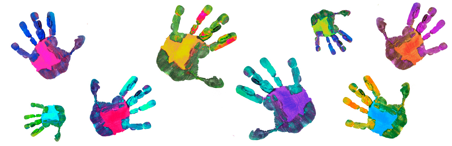 Handprint paint on white background. Panorama.